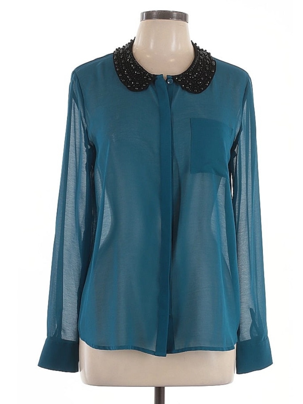 Kensie Teal Sheer Blouse with Beaded Black Peter Pan Collar